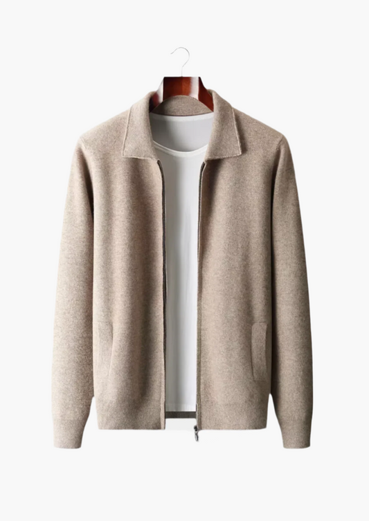 EXTRA-FINE MERINO WOOL ZIP POLO CARDIGAN